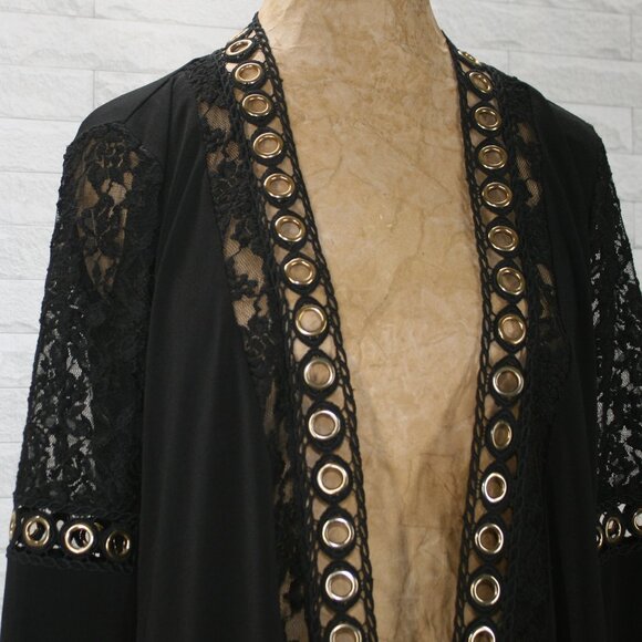 BELLDINI Jacket Open Front Grommet Detail Lace Panel Stretch Knit Black Large - Picture 4 of 15